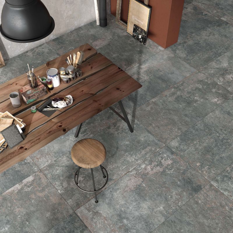 Baldosa de gres porcelánico efecto cemento industrial moderno, verde, 60x120 cm - CS25042