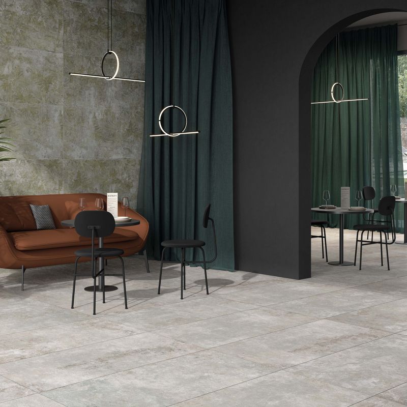 Baldosa de gres porcelánico efecto cemento industrial moderno, gris claro, 60x120 cm - CS25040