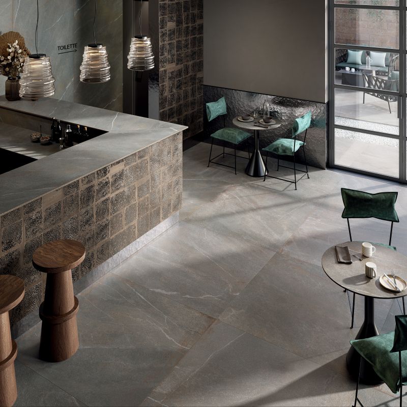 Baldosa de gres porcelánico efecto piedra primitiva, gris, 120x120 cm - CS25074