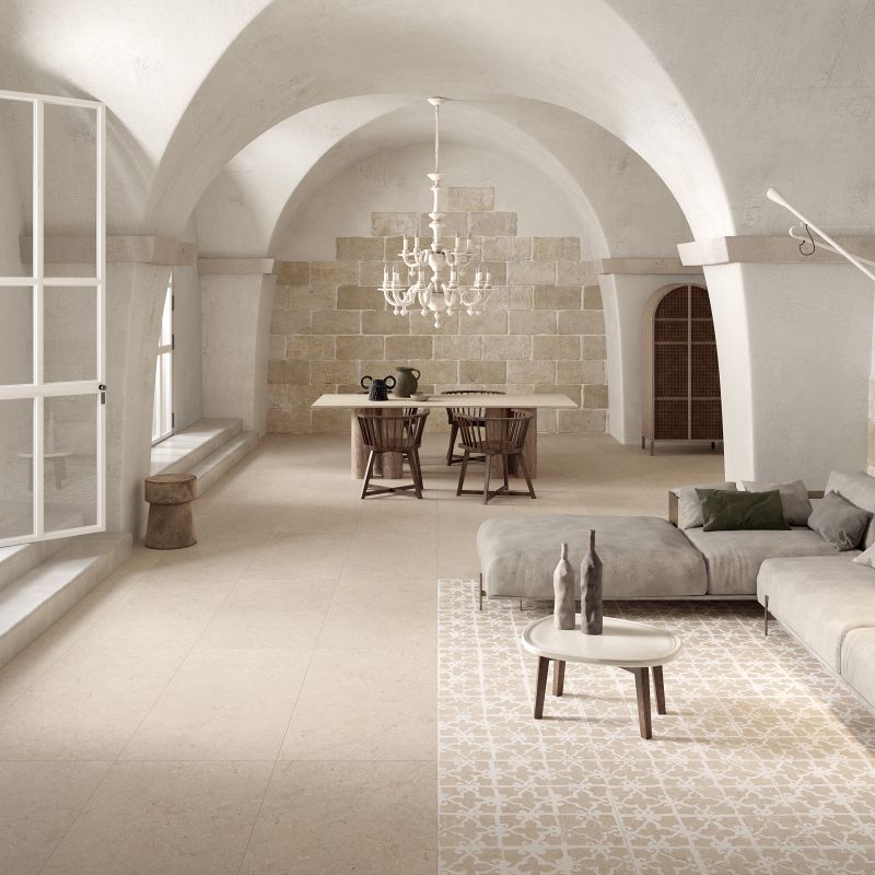 Baldosa de gres porcelánico efecto piedra Trani, beige, 120x120 cm - CS25076