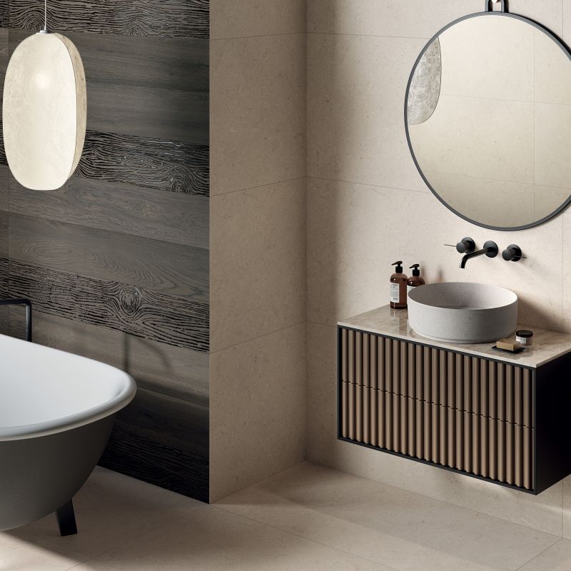 Baldosa de gres porcelánico efecto piedra marfil, beige, 120x120 cm - CS25077