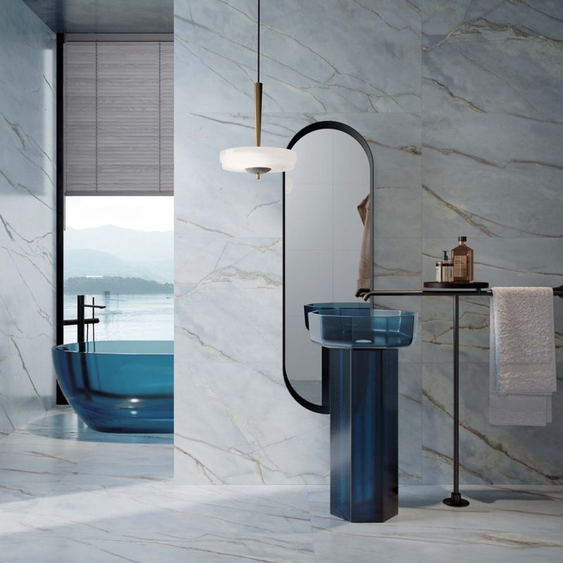 Pavimento de gres porcelánico efecto mármol, azul, mate, 60x120 cm - CS25057