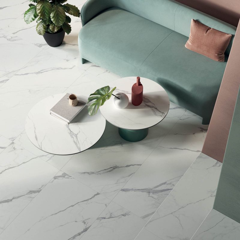 Baldosa de gres porcelánico efecto mármol Statuario, veteado, pulido, 60x120 cm - CS25051