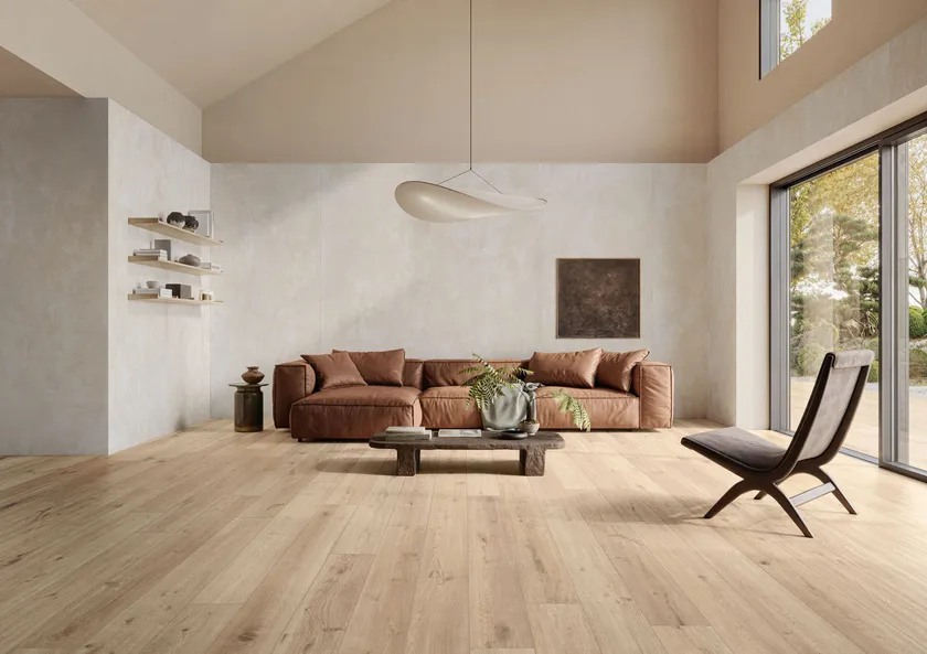 Pavimento de gres porcelánico efecto madera natural, beige, 20x120 cm - CS25011