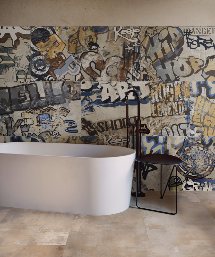 Revestimiento de gres porcelánico decorado con Graffiti Beige Rt 60x120 - EGBE1708