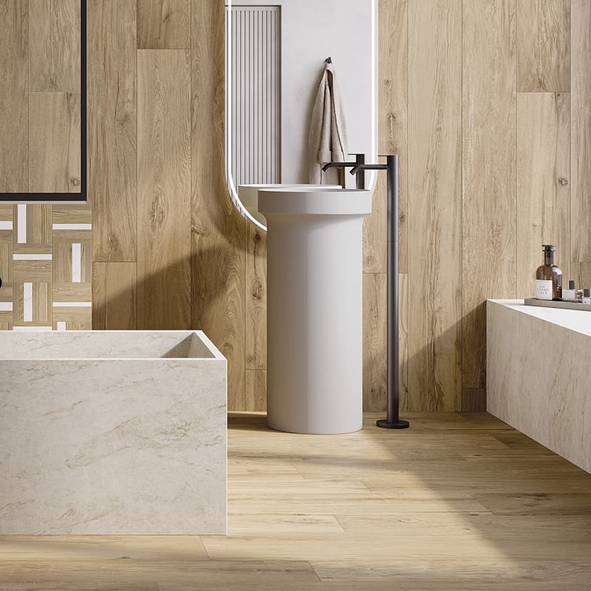Listón de gres porcelánico efecto madera, miel, 20x120 cm - CS25101